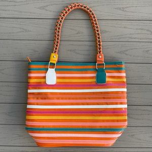 Tote Bag Orange Multicolor Stripes Faux Leather Chain Straps